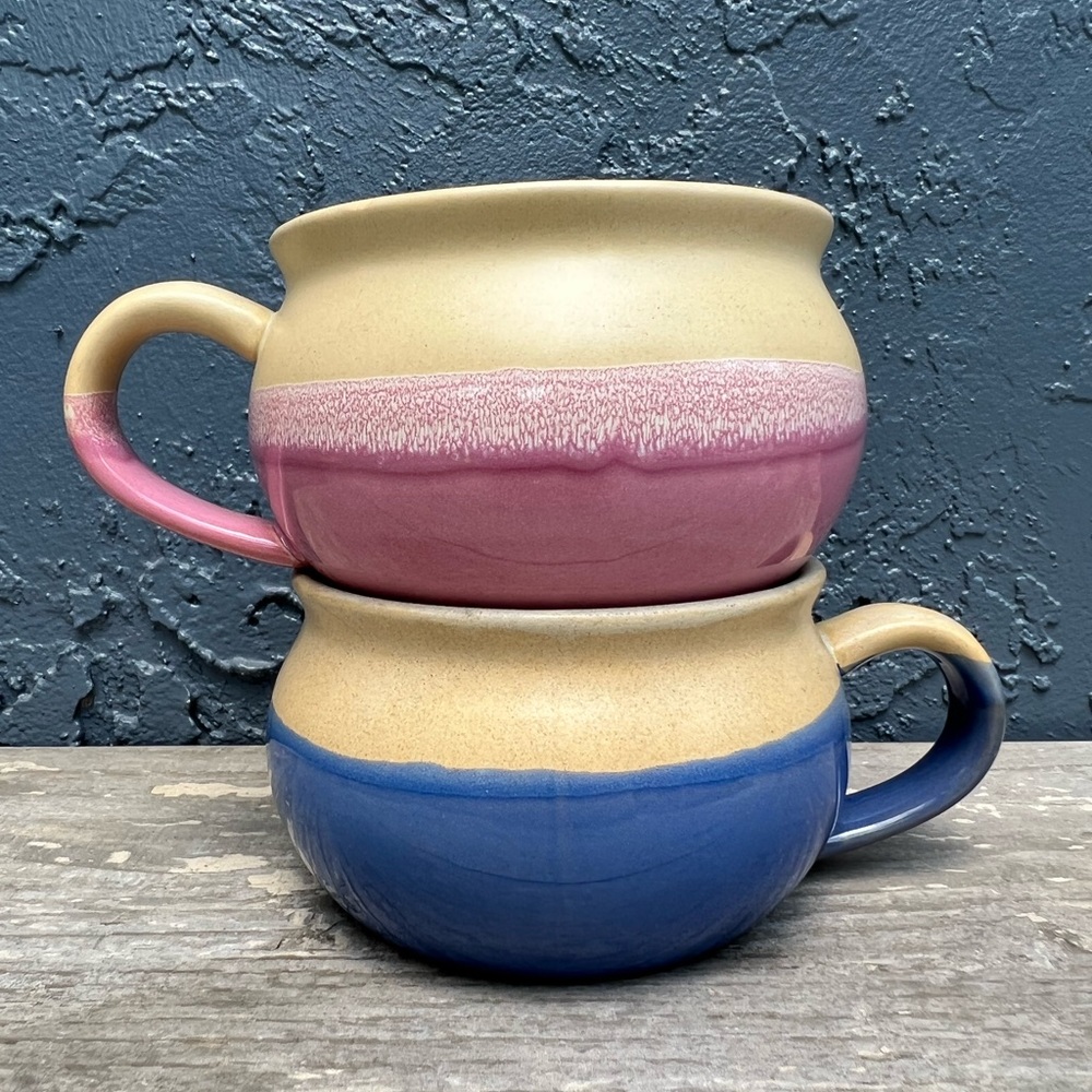 N -D EXCLUSIVE CAPPUCCINO MUGS HANDPAINTED BLUE & PINK SET